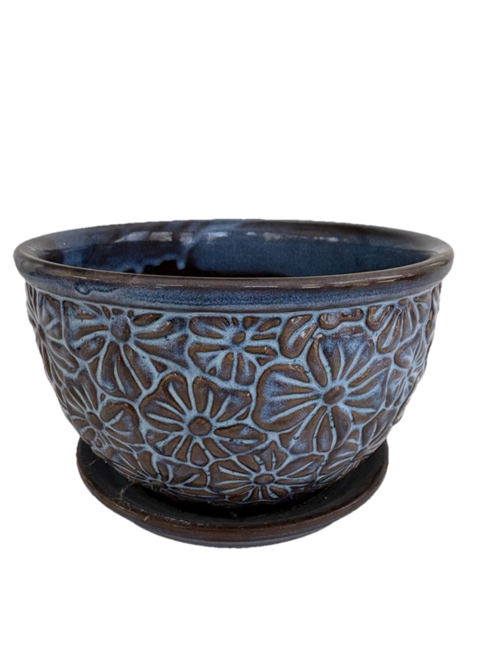 Decorative Blue Floral Ceramic Planter with Saucer